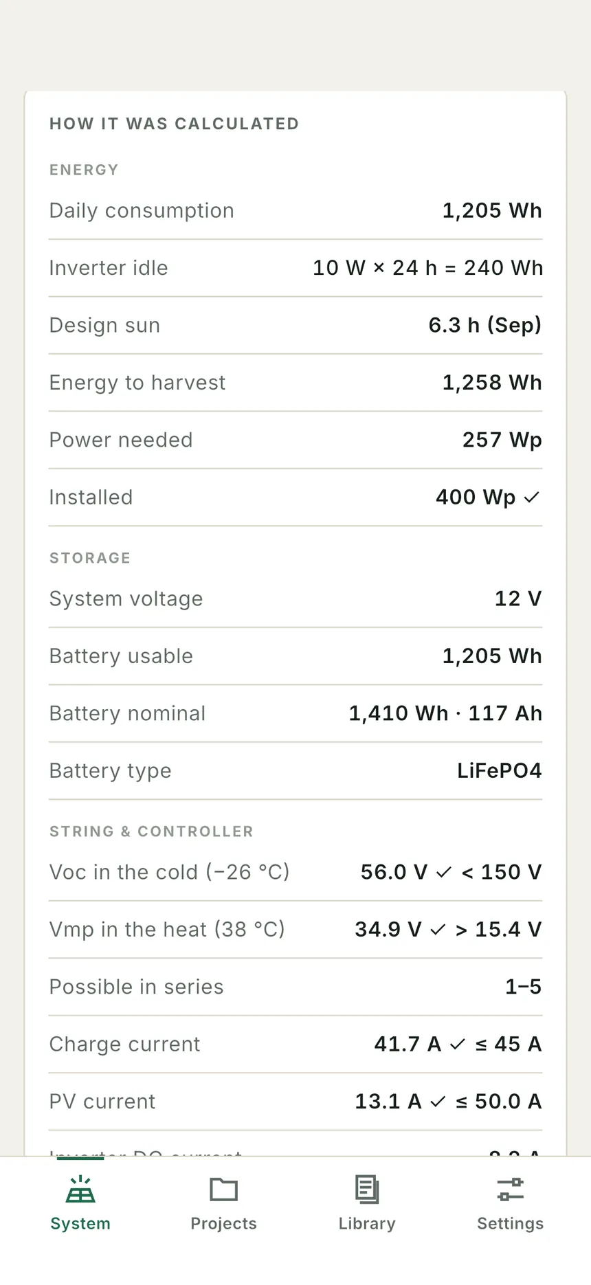 How it was calculated: energy, storage, string and controller values