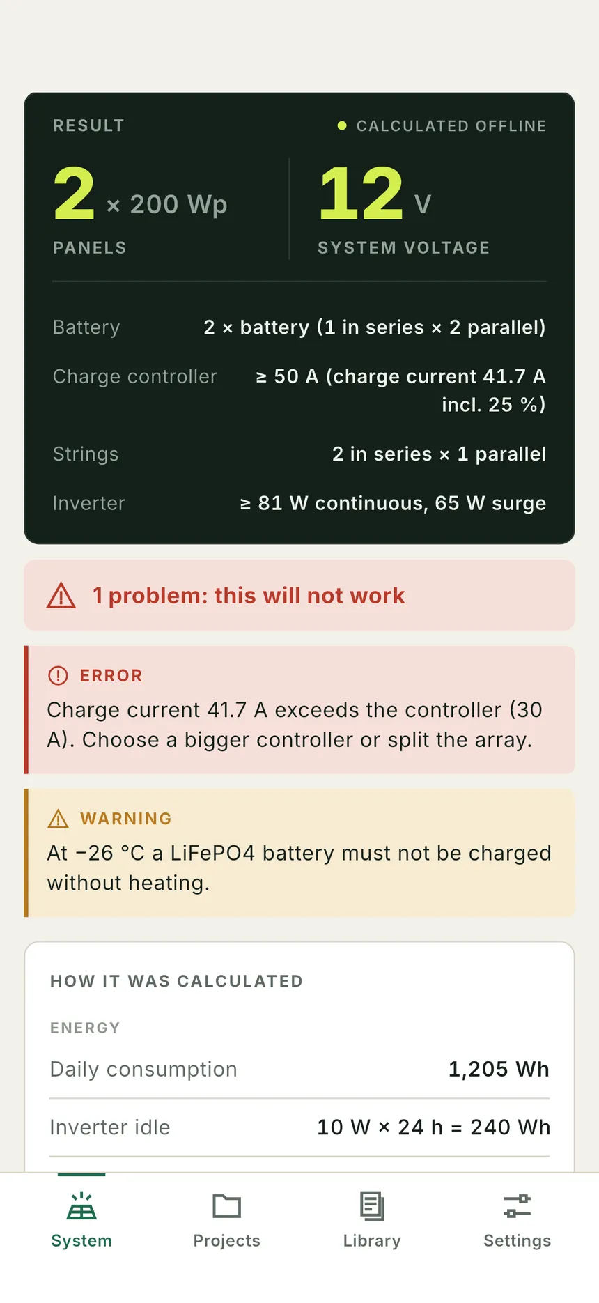 Off-grid result with one problem: the charge current exceeds the controller rating