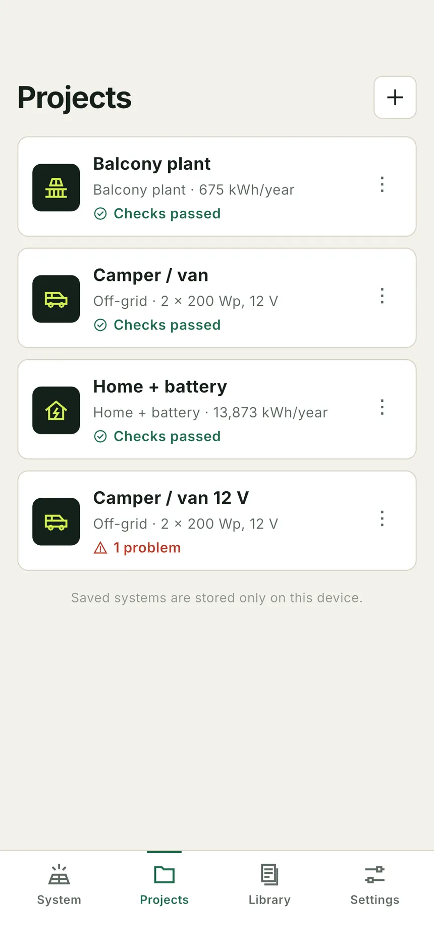 Saved systems with their check status