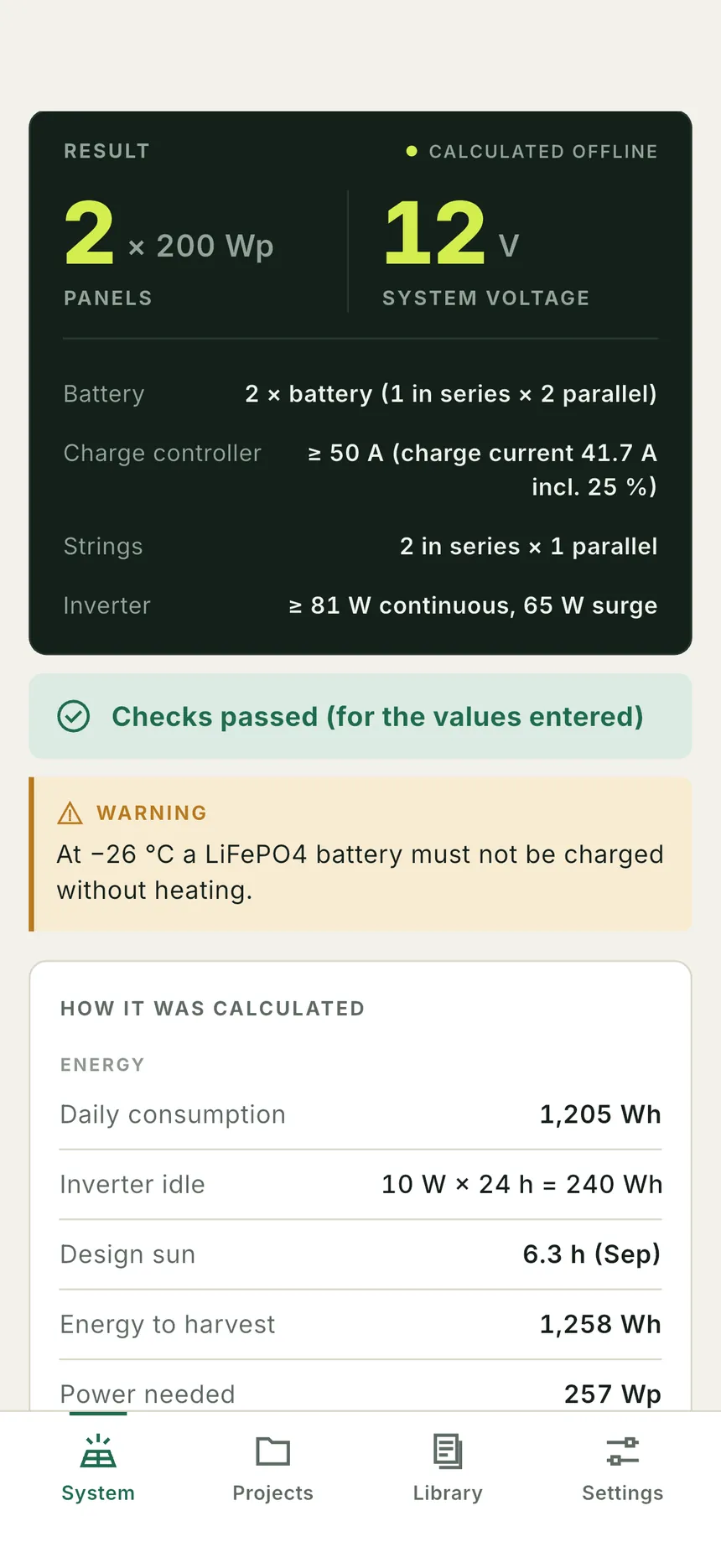 Off-grid result: panels, system voltage, battery, controller, strings and inverter, checks passed