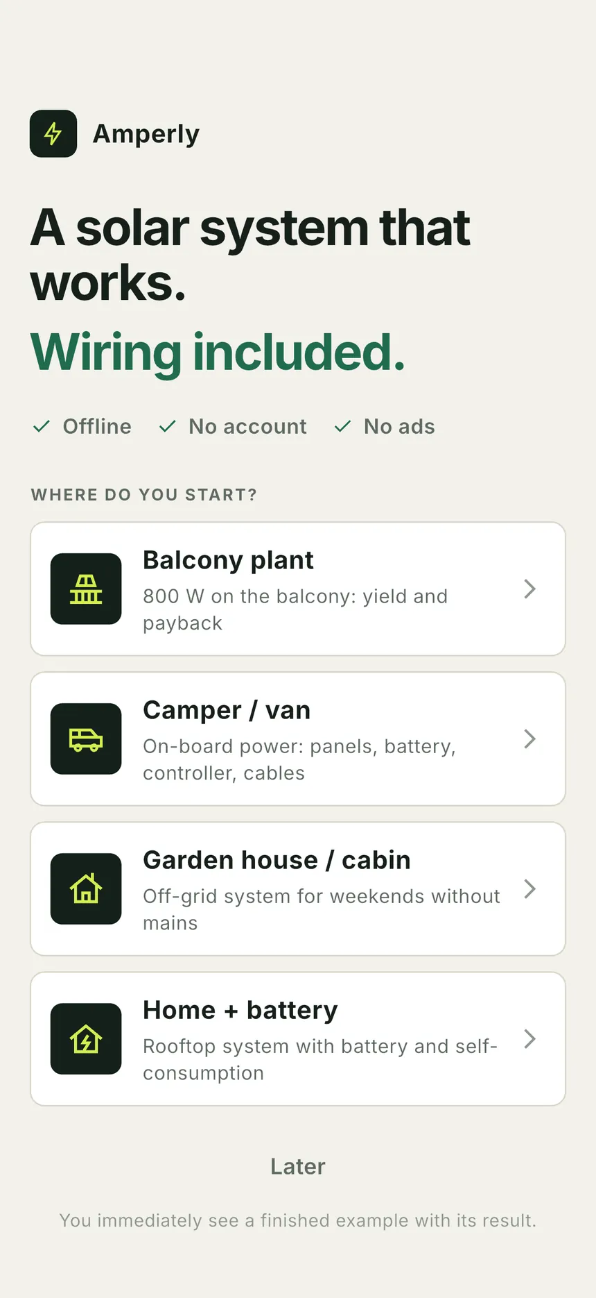 Amperly start screen: pick a balcony plant, camper van, garden house or home with a battery