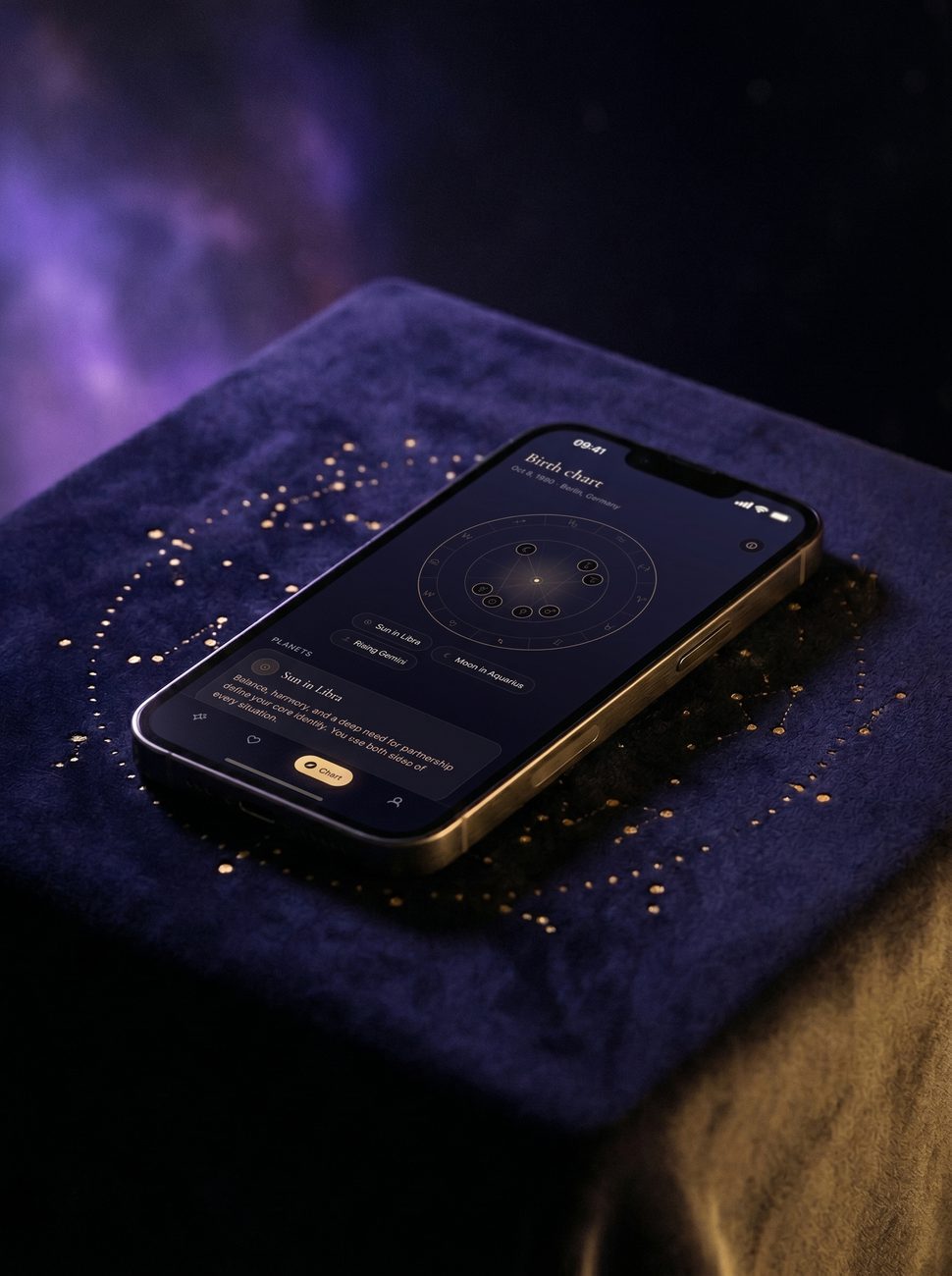 Astra app showing a natal birth chart on a phone, floating against a soft violet and gold cosmic glow.