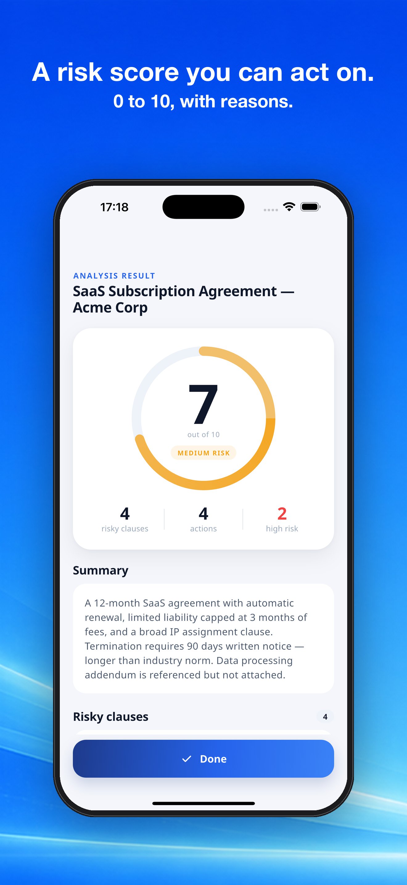 CasePilot risk score on iPhone