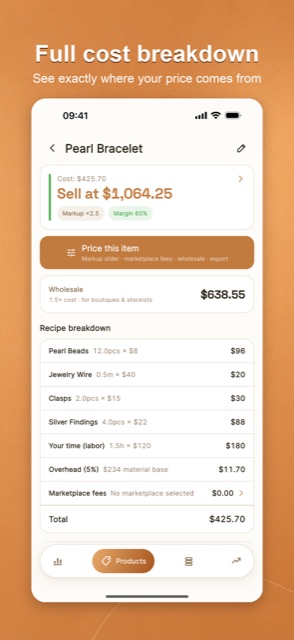CraftCost cost breakdown: every material, labor, overhead, and fee line
