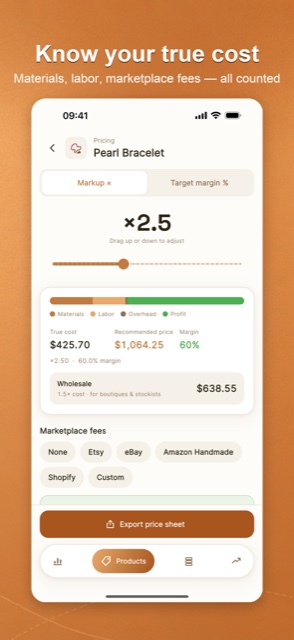 CraftCost pricing: true cost to a recommended price with a markup slider
