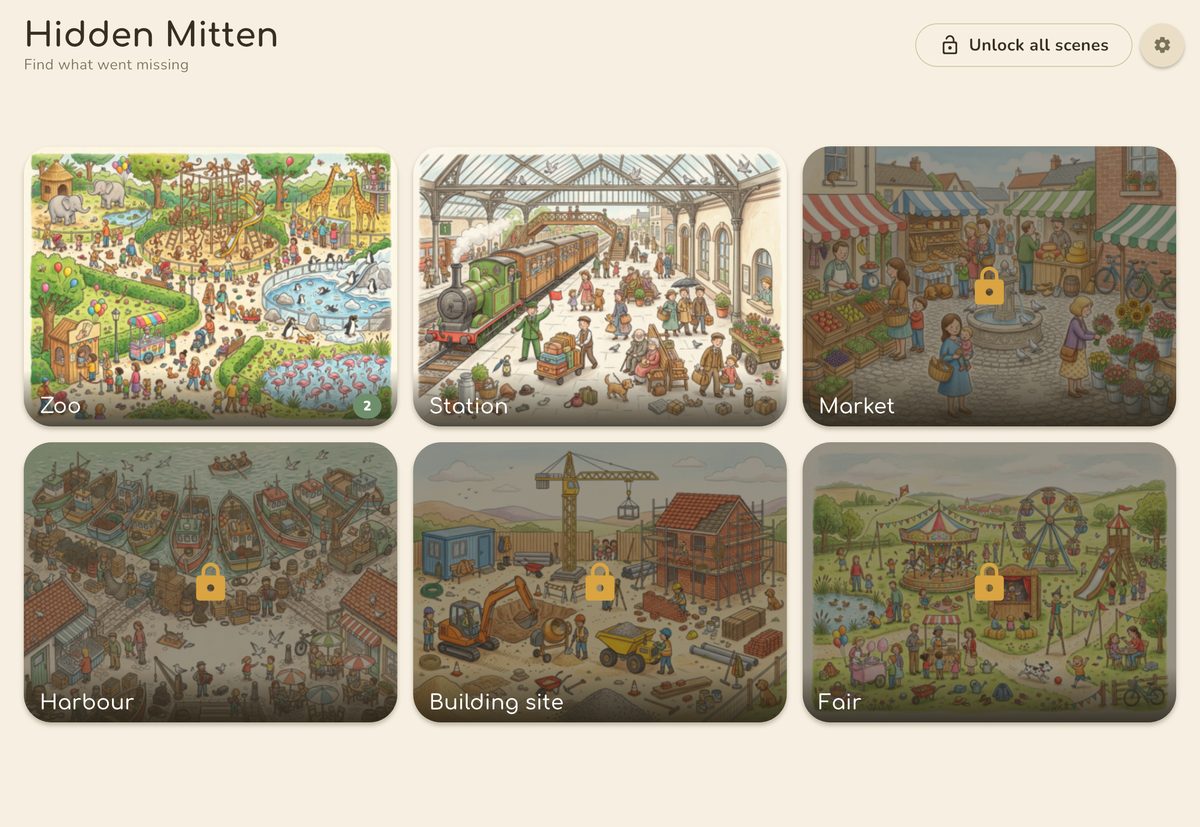 Hidden Mitten scene picker on iPad - zoo, station, market, harbour, building site and fair
