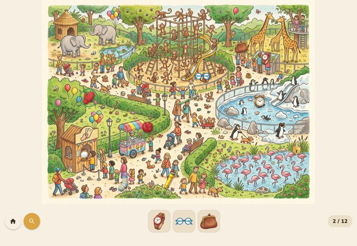 Hidden Mitten gameplay - the zoo scene with three things to find shown in the side bar
