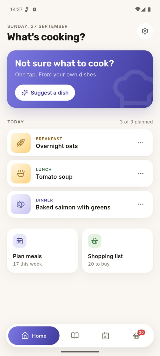 Recipe Box home screen with today's meals