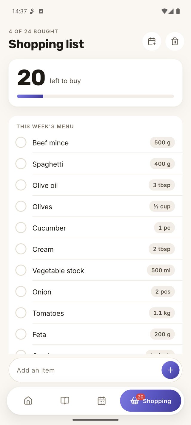 Shopping list built from the week