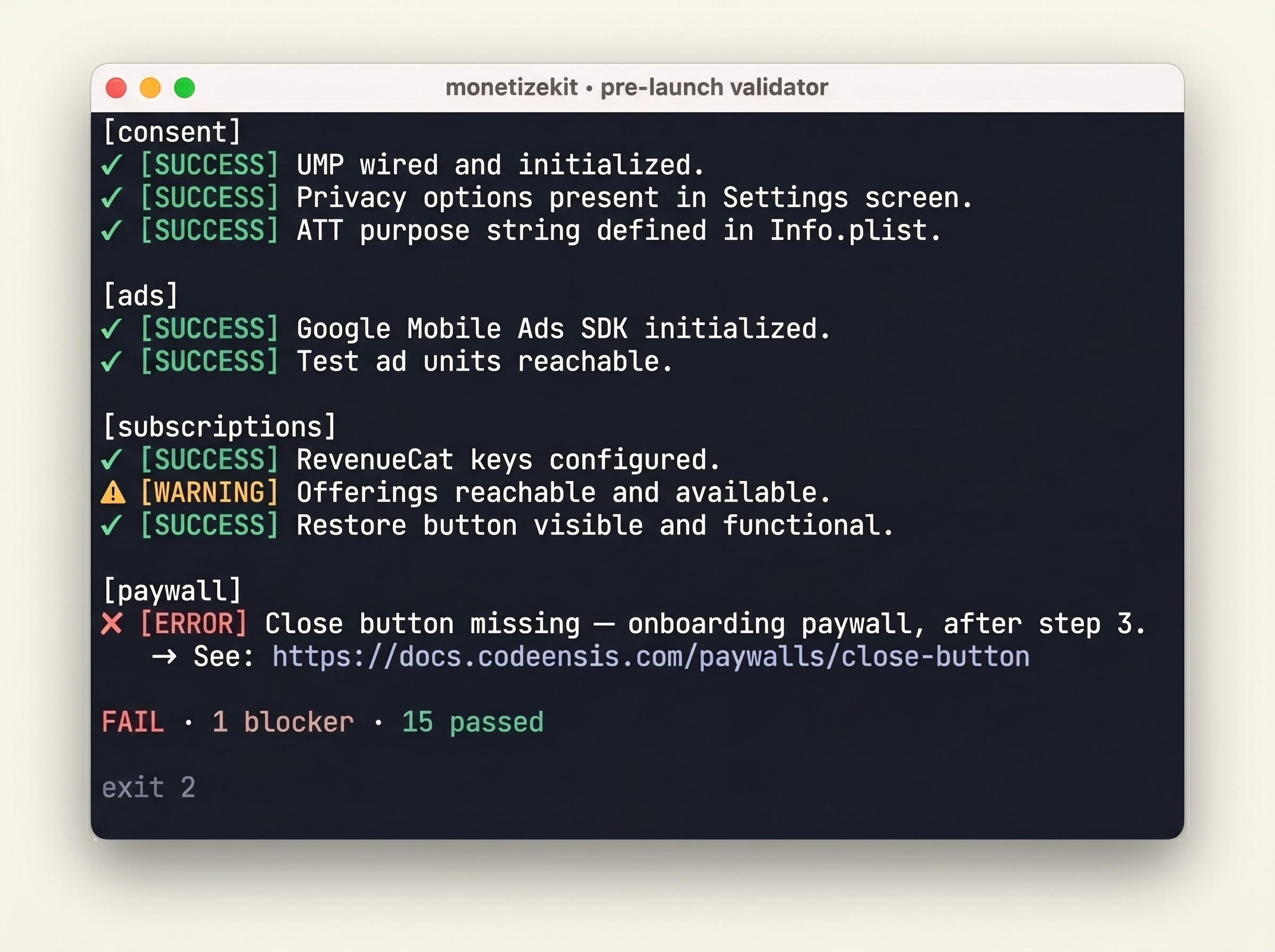MonetizeKit pre-launch validator CI output