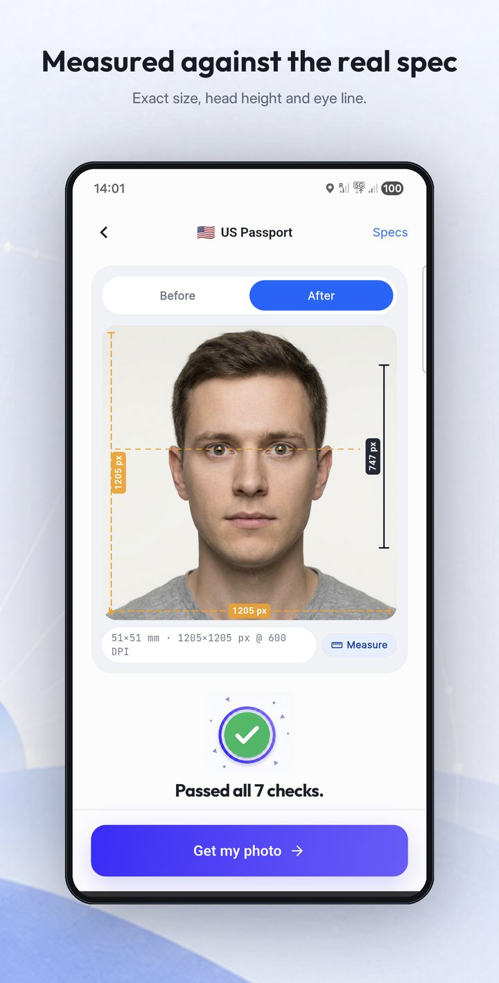 Passport Photo Maker measuring a photo against the US passport spec