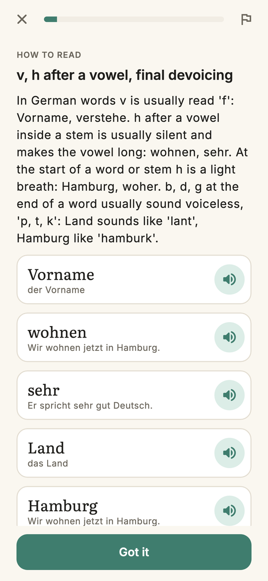 A theory block in the app: how v and h are read in German, with examples and audio
