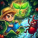 Sprout Guard app icon: a gardener with a watering can defending a glowing sprout from beetles.