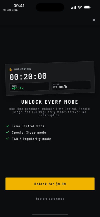 StageMeter unlock screen - one payment, every mode, no subscription