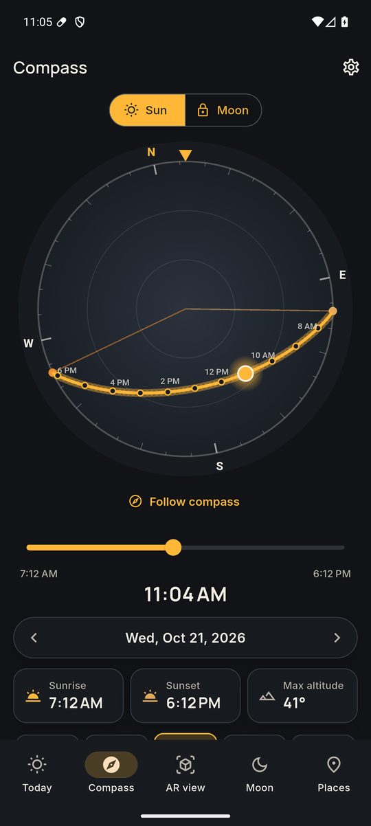 Compass dial with the sun's arc and a time slider