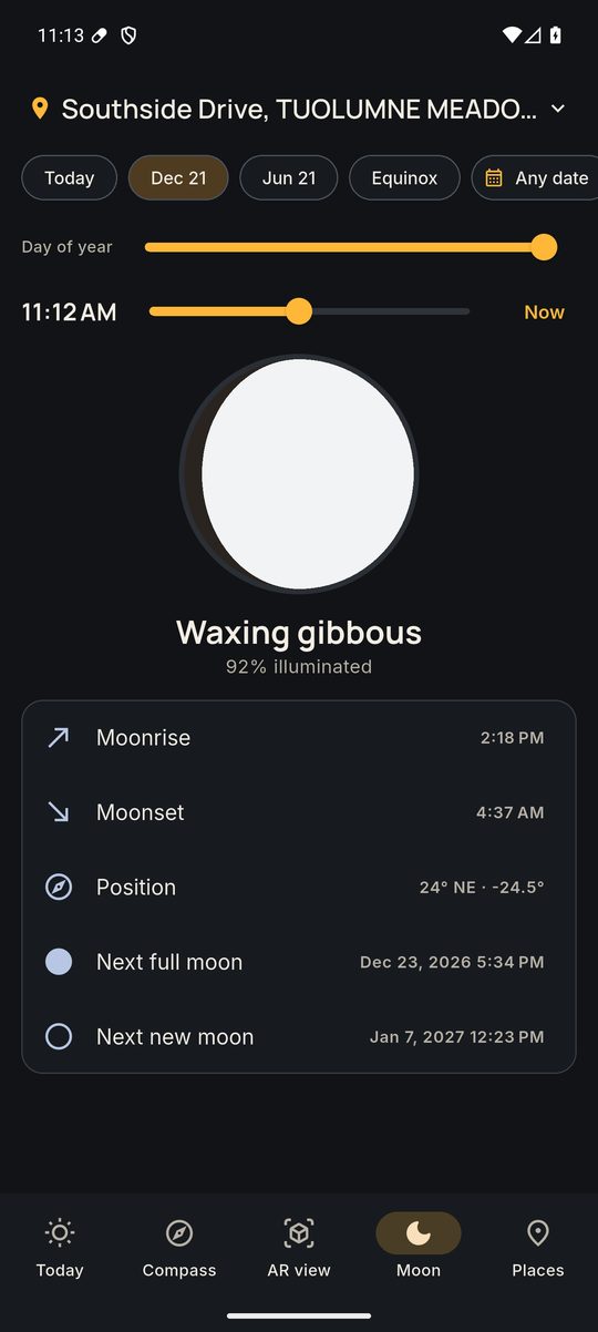 Moon phase, moonrise and moonset