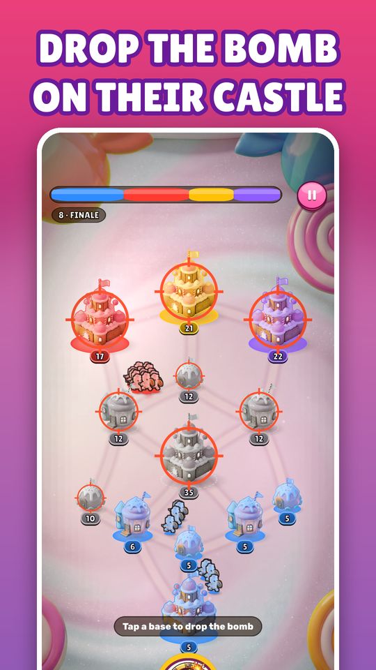 Candy War level: drop the Sugar Bomb on an enemy castle