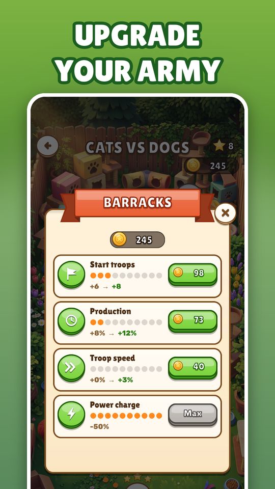 Barracks: permanent upgrades for troops, production, speed and power charge