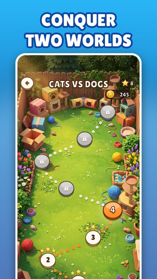 Cats vs Dogs world map in a backyard
