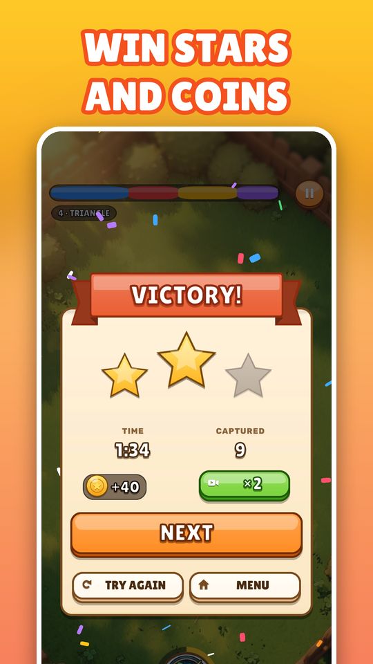 Victory screen with stars and coins