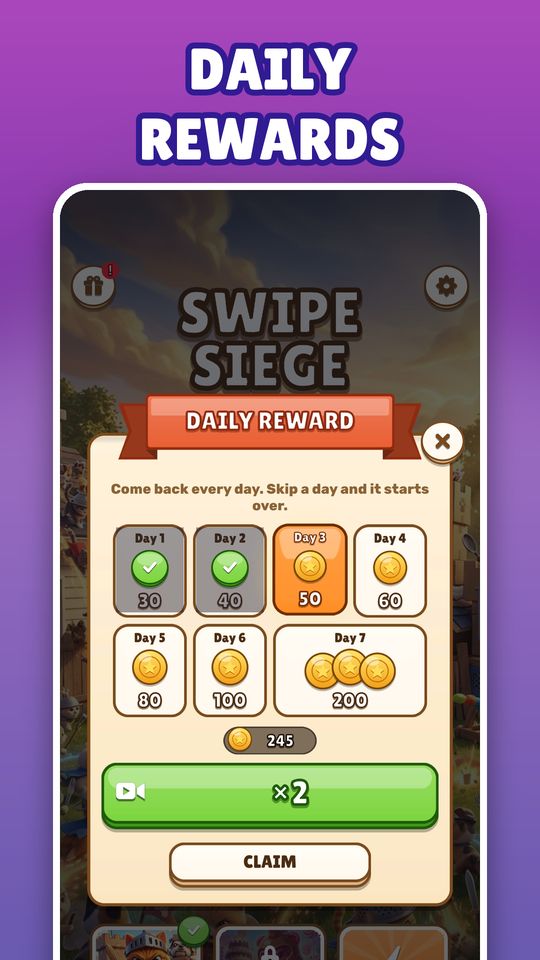 Daily reward calendar with a big prize on day 7