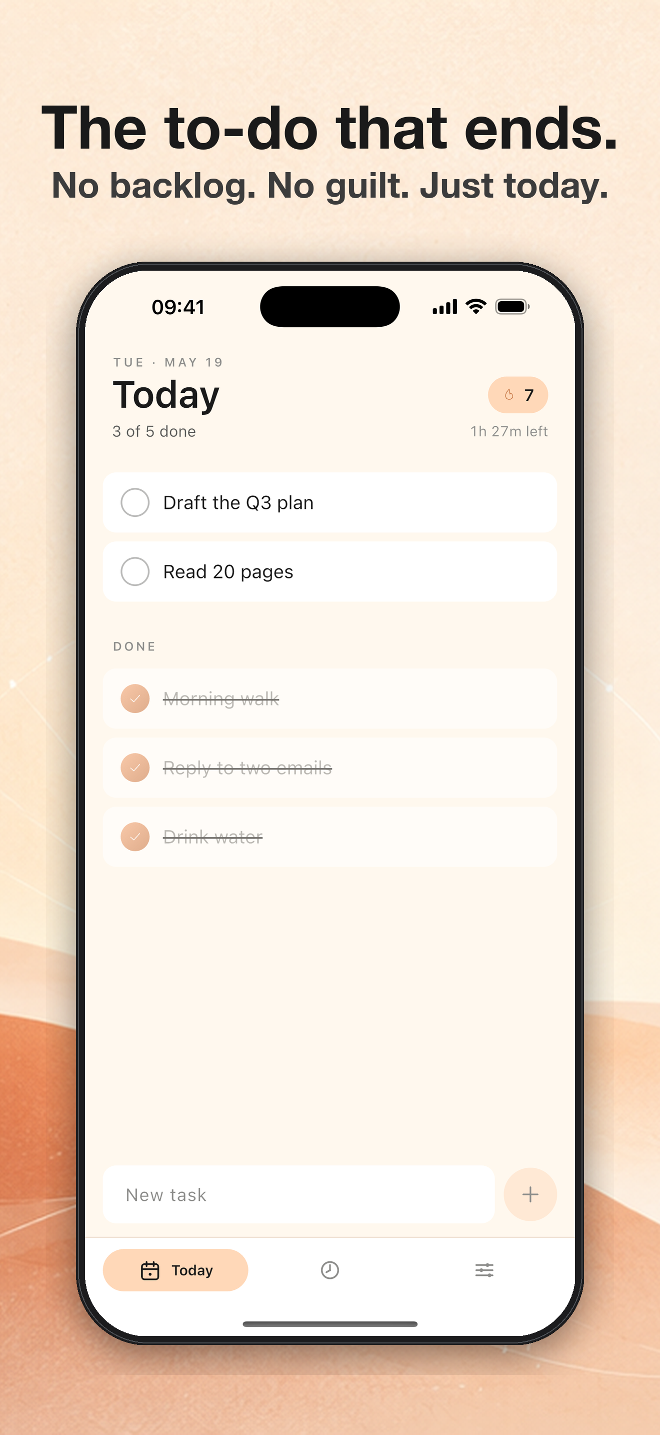 Tonight today screen with 3 of 5 tasks done and streak 7