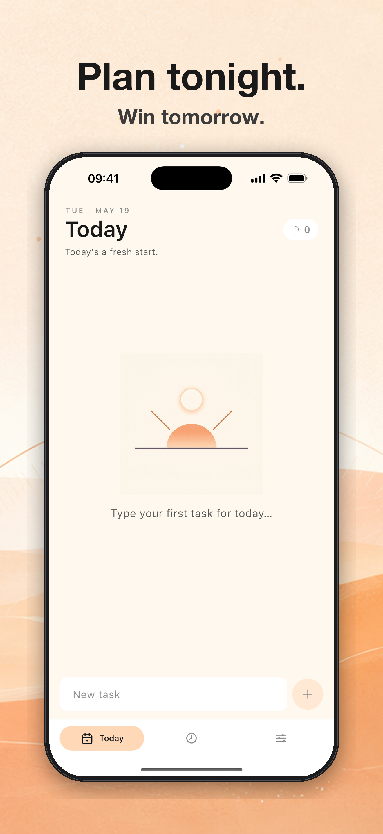 A fresh empty Today screen ready for the first task