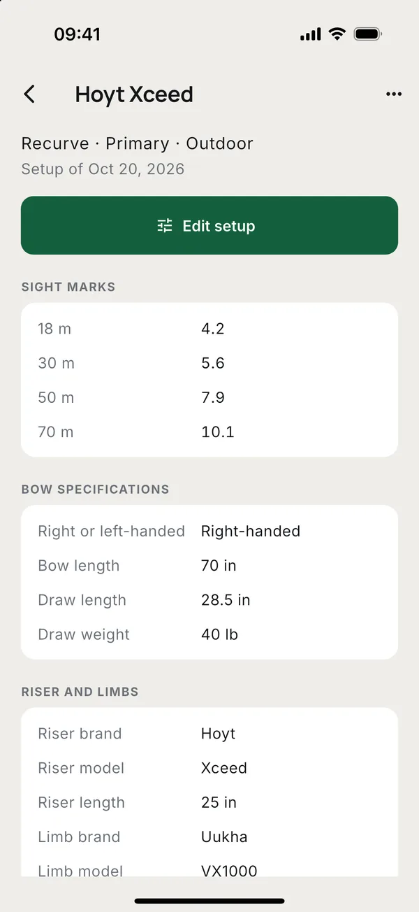 A bow: role, current setup and sight marks.