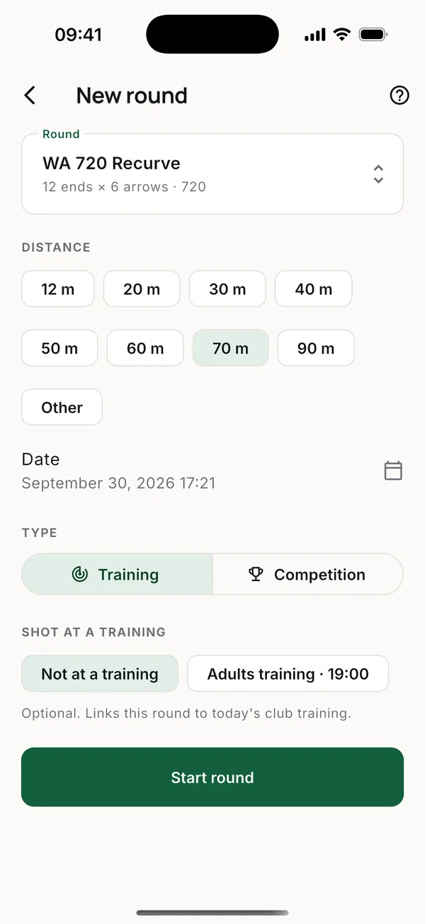 Pick the round, the distance and whether it is training or a competition.