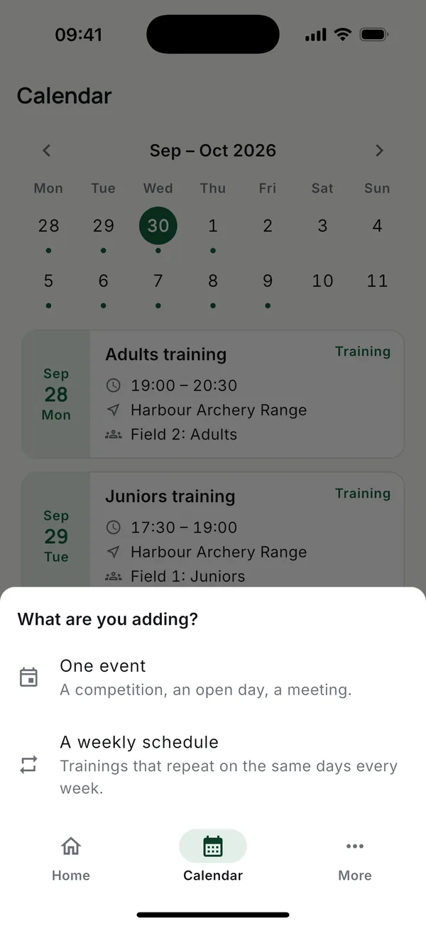 Tap Add on the calendar: one event, or a weekly schedule.
