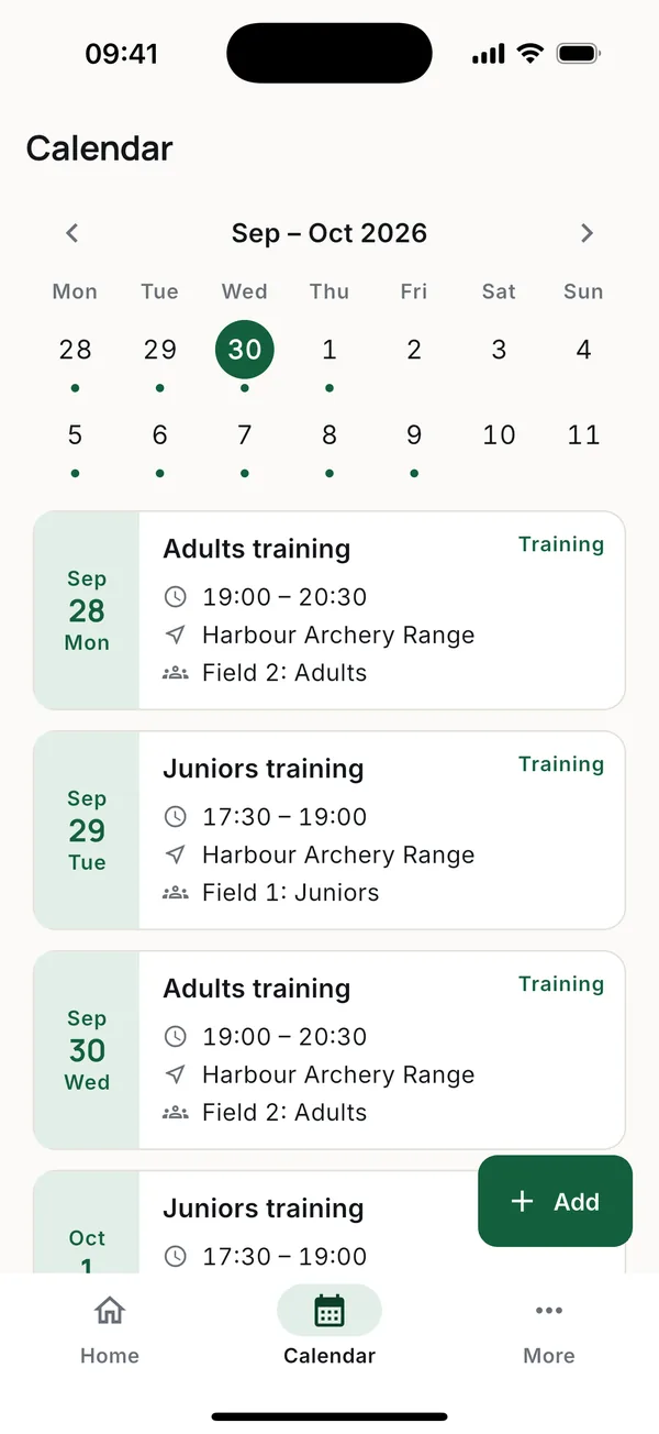 The calendar: two weeks at a time, each session with its group and place.