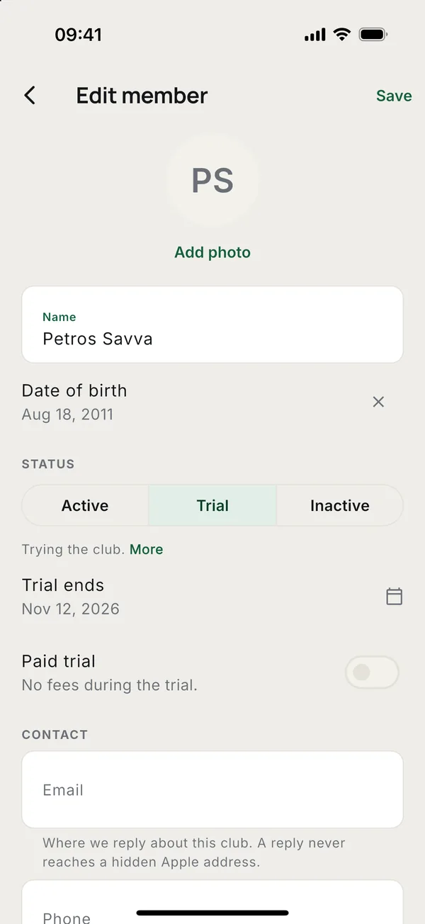 Edit: photo, name, date of birth, status and contact details.
