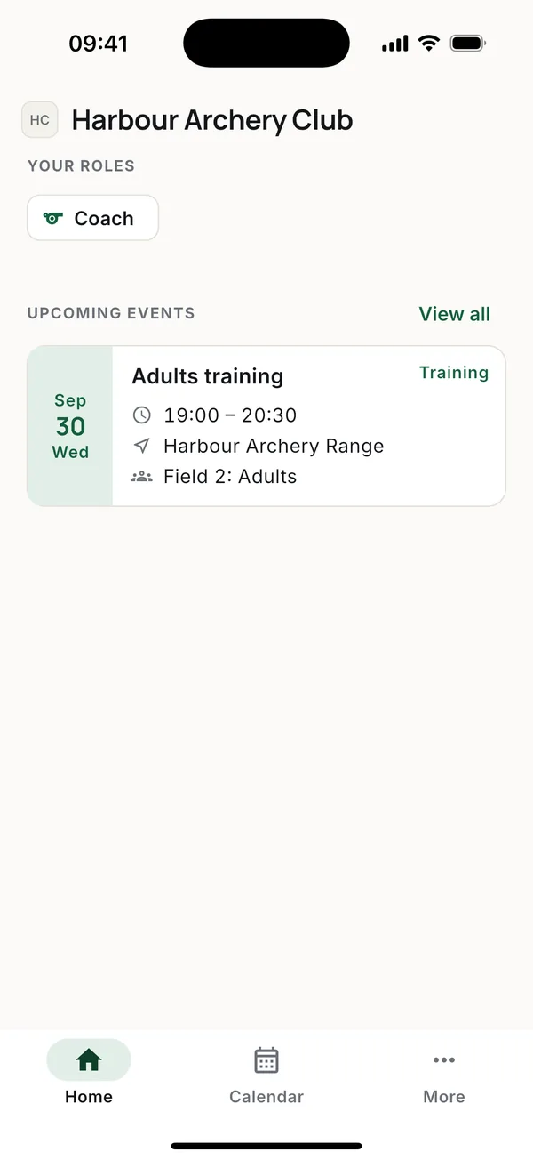 Home shows the club's next session. Members and your own scores are in More.