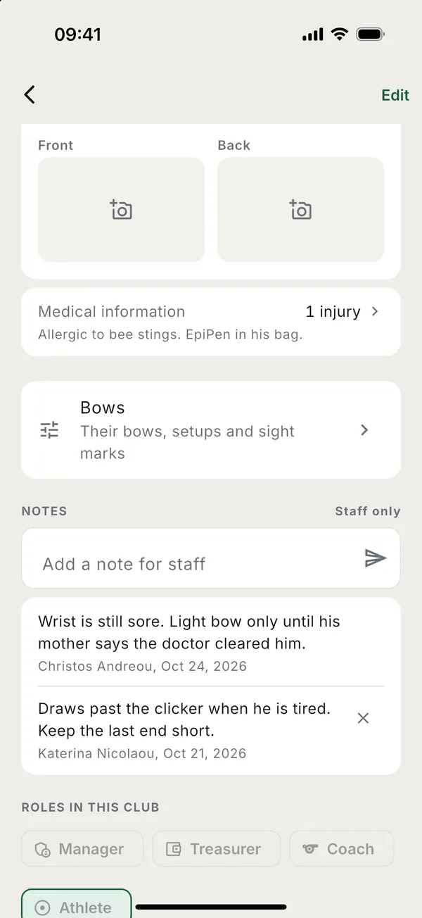 Medical information, bows and staff notes on the member's page.