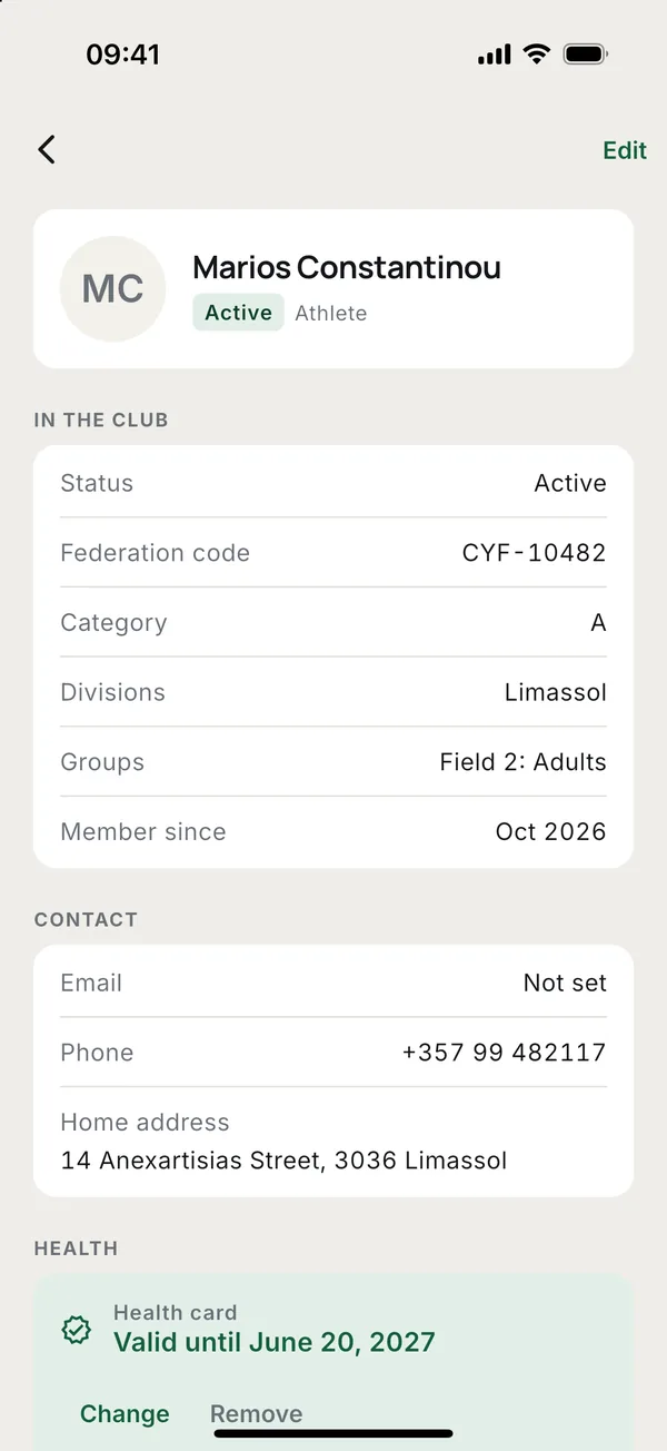 Status, federation code, category, groups, phone and address.