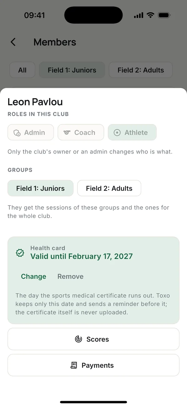 A member's roles, groups, health card, scores and payments.