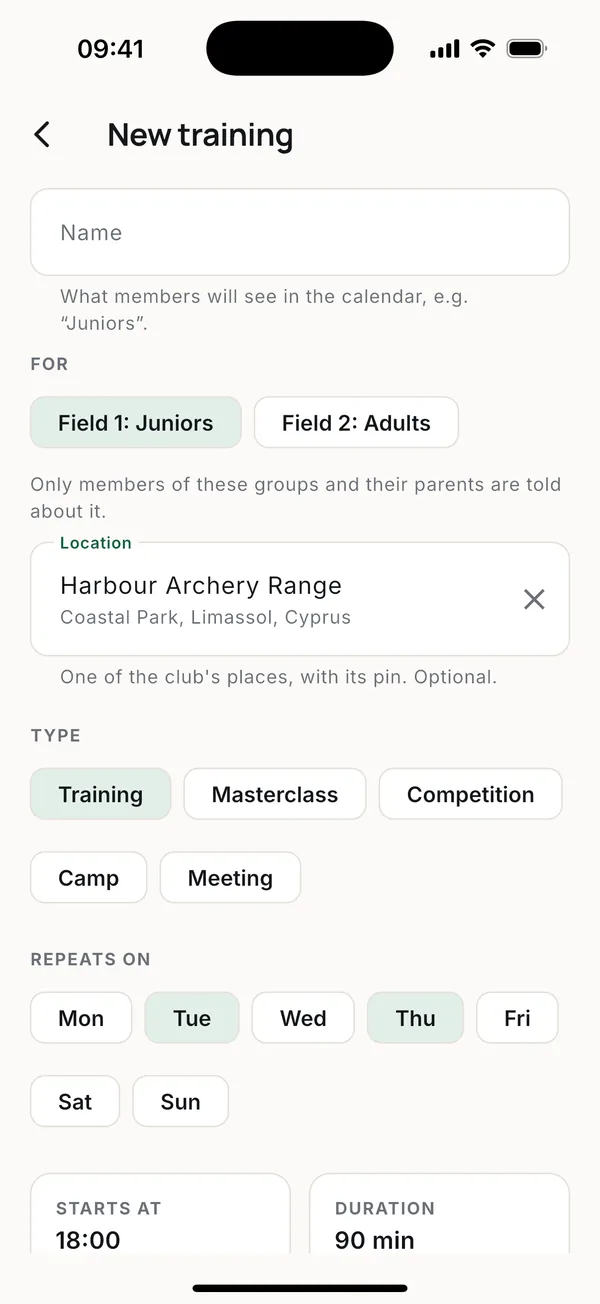 A weekly schedule: who it is for, where, and which days.