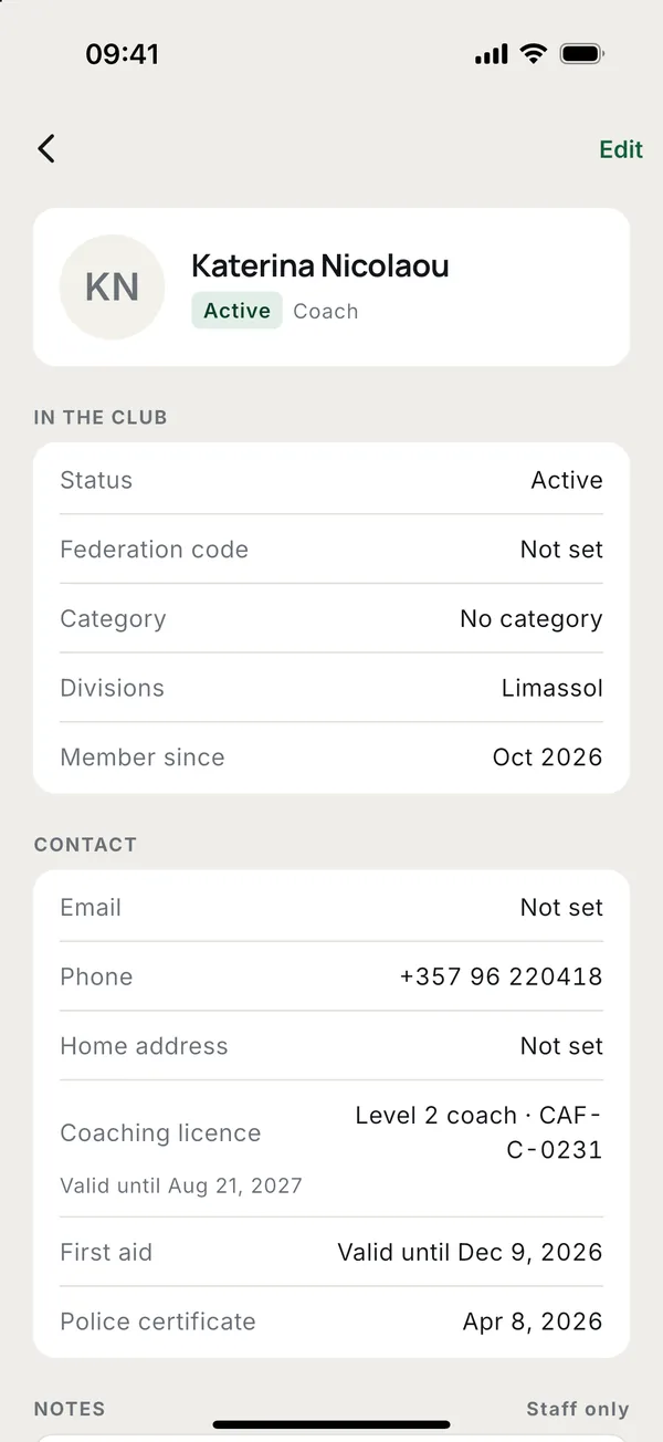 For a coach: their licence, first aid and police certificate dates.