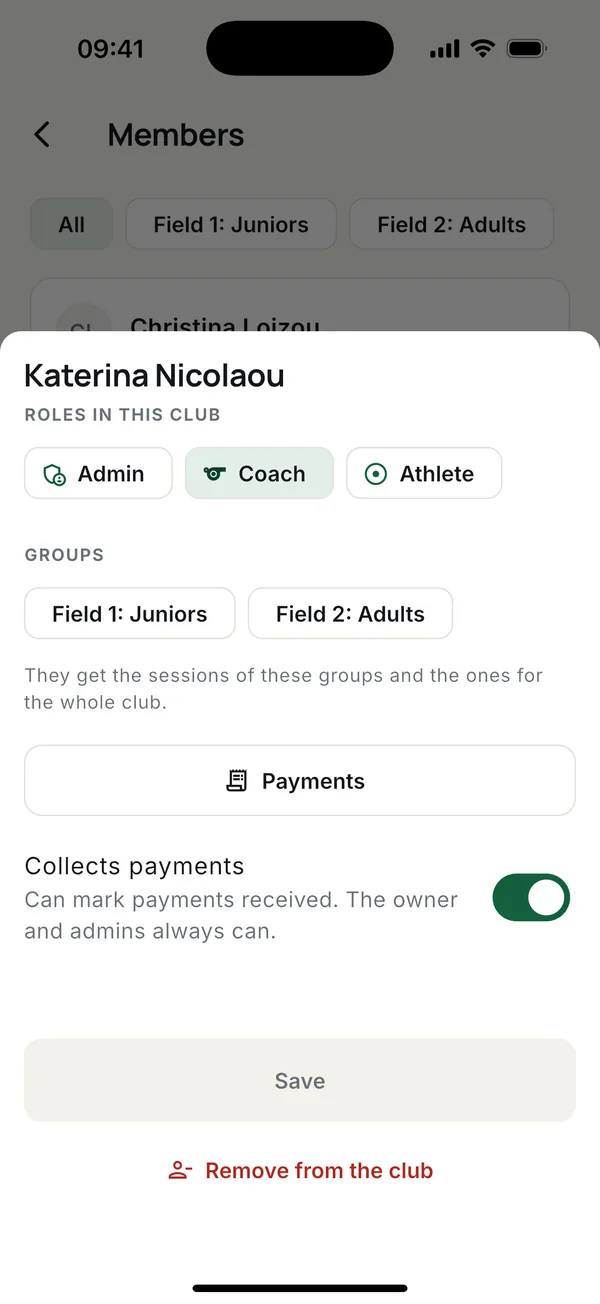 A coach's roles, and Collects payments.