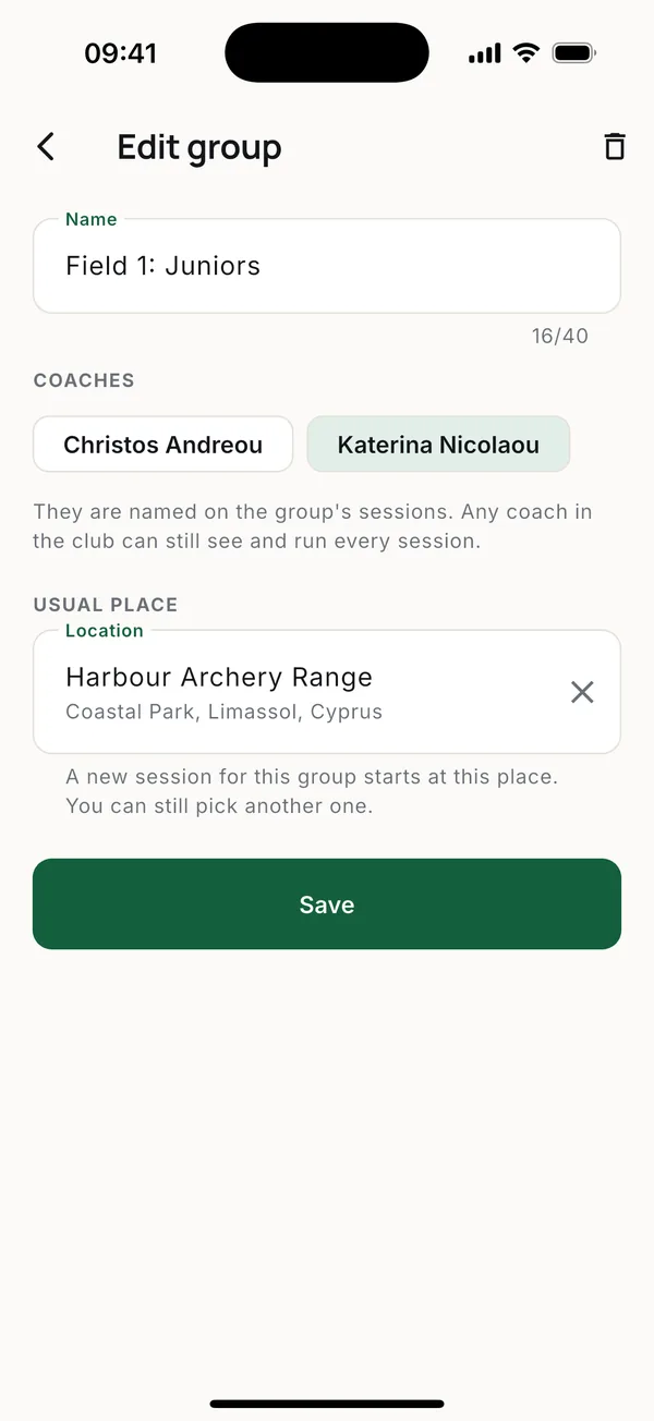 A group's name, coaches and usual place.