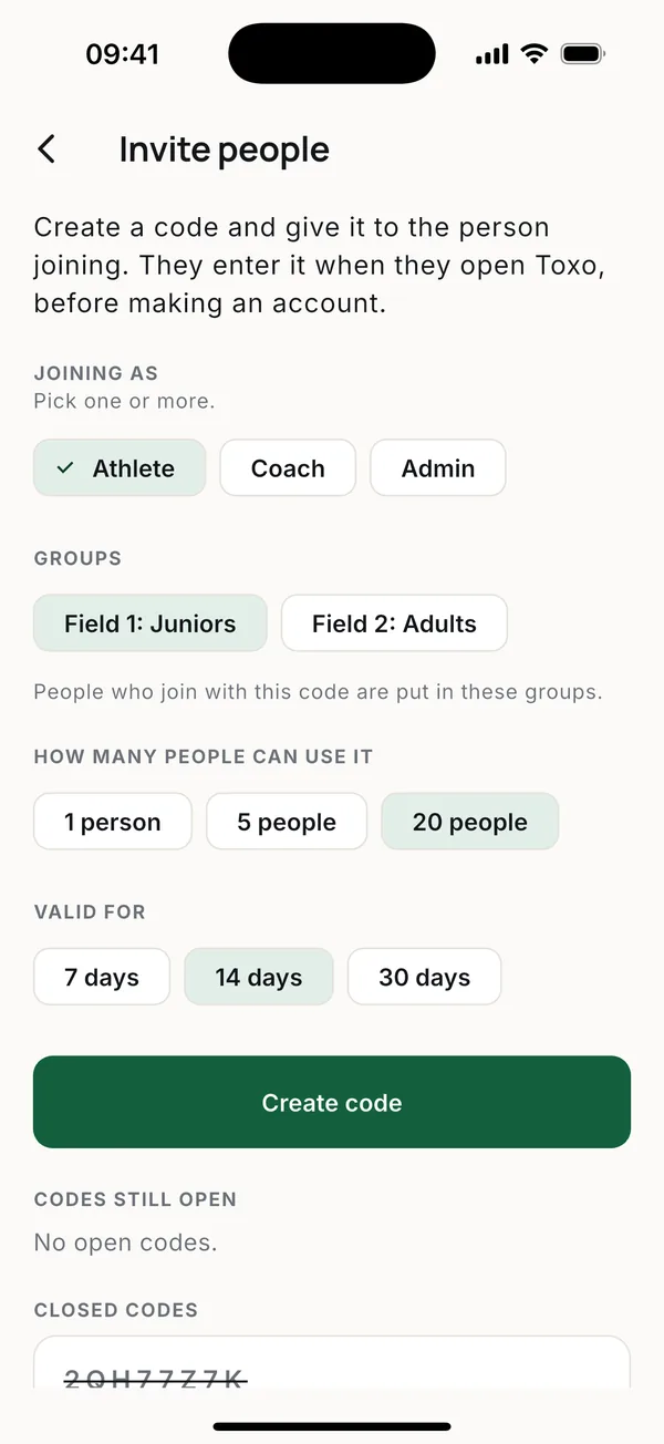 A code for one person or many, with roles, groups and how long it lasts.