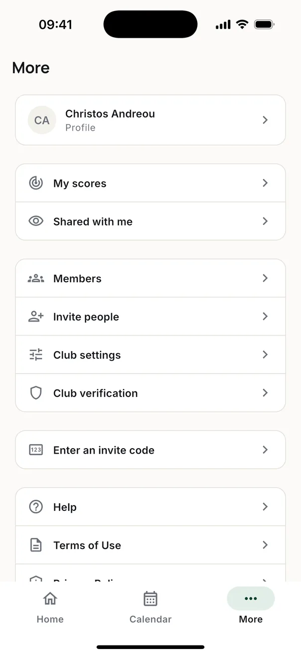 Club tools are in More: Members, Invite people, Club settings, Club verification.