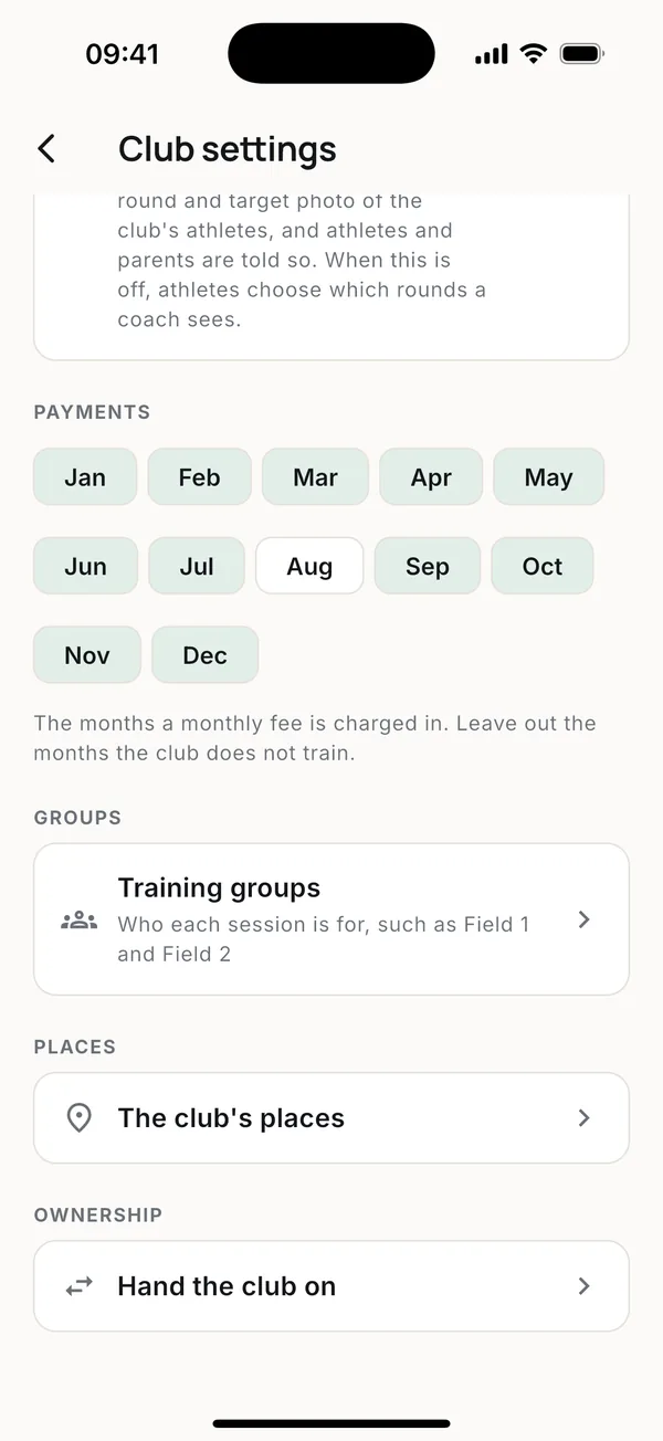 The months monthly fees are charged in, groups, places and handing the club on.