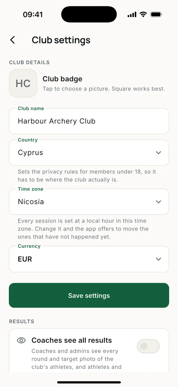 Name, country, time zone, currency and the club badge.