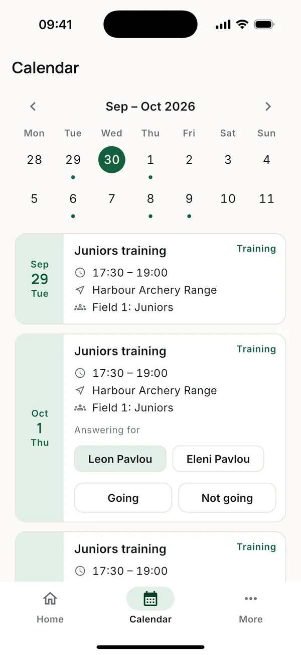 The calendar shows two weeks at a time. Tap a session for the time, place and directions.
