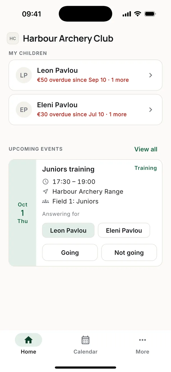 Your children, anything overdue in red, and the next session with Going and Not going for each child.