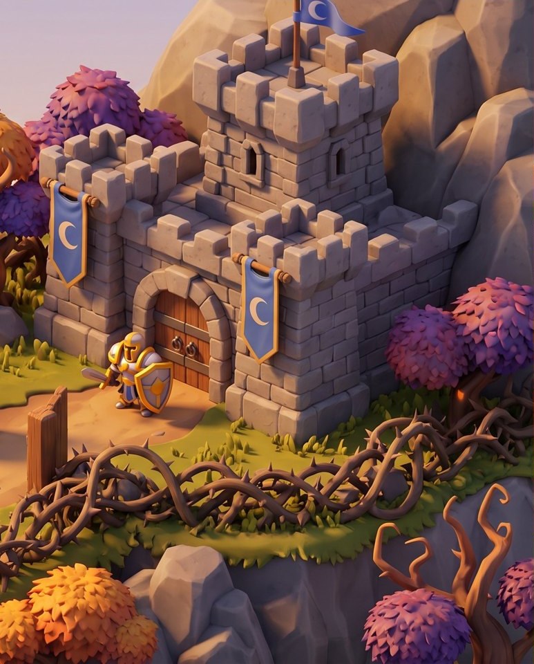 A stone castle with blue moon banners, a knight at the gate and thorny vines along the road