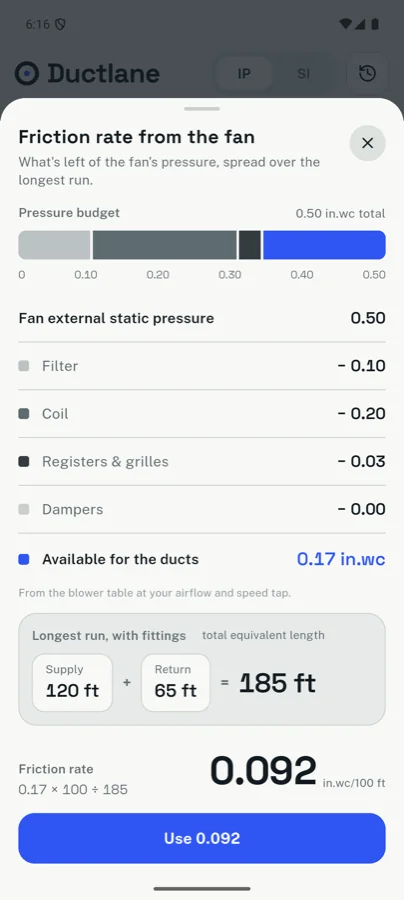 Friction rate from the fan: pressure budget bar, filter, coil, registers and dampers subtracted, divided by the longest run
