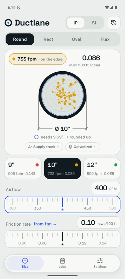 Ductlane sizing a round duct: 400 CFM at 0.10 in.wc per 100 ft needs 9.69 inches, rounded up to 10 inches, on the edge for noise