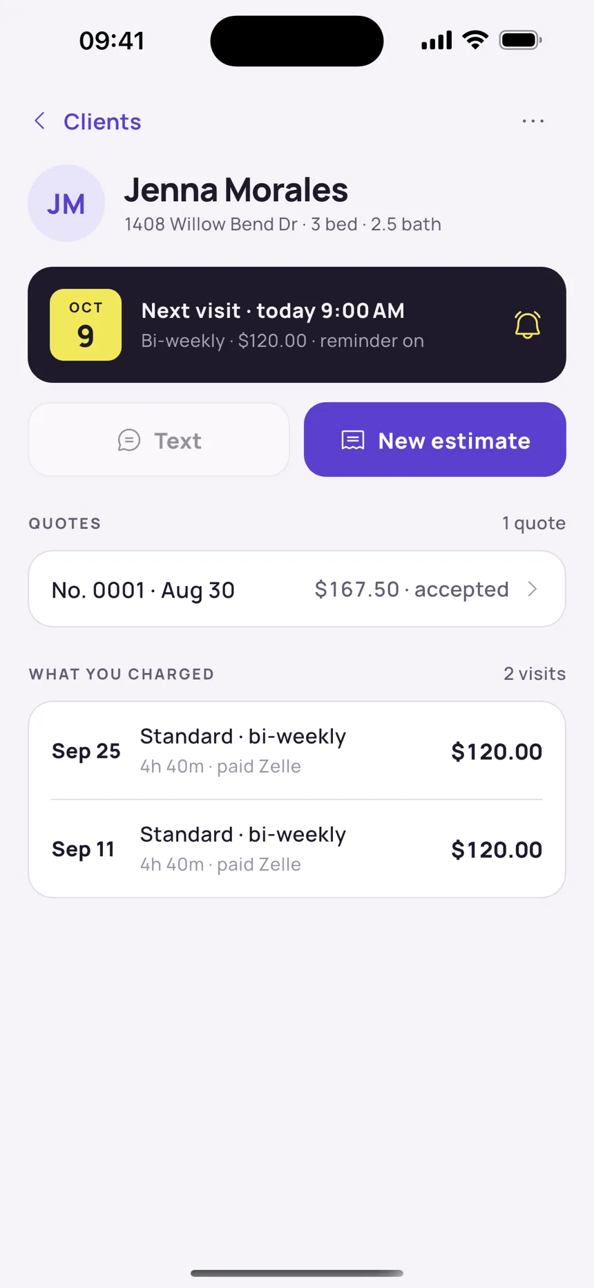 One client: next visit, quotes and what you charged